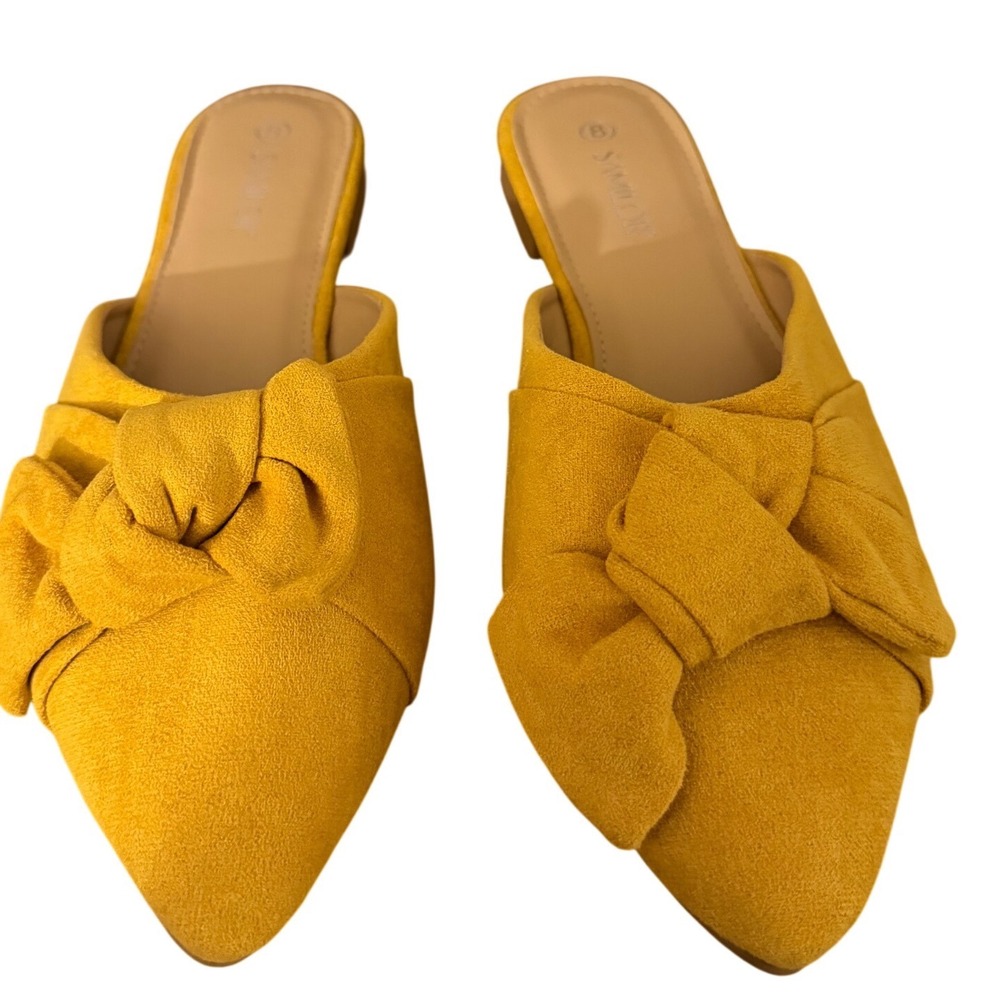 Samilor Womens Yellow Faux Suede Pointed Toe Bow Mules Flats Size 8